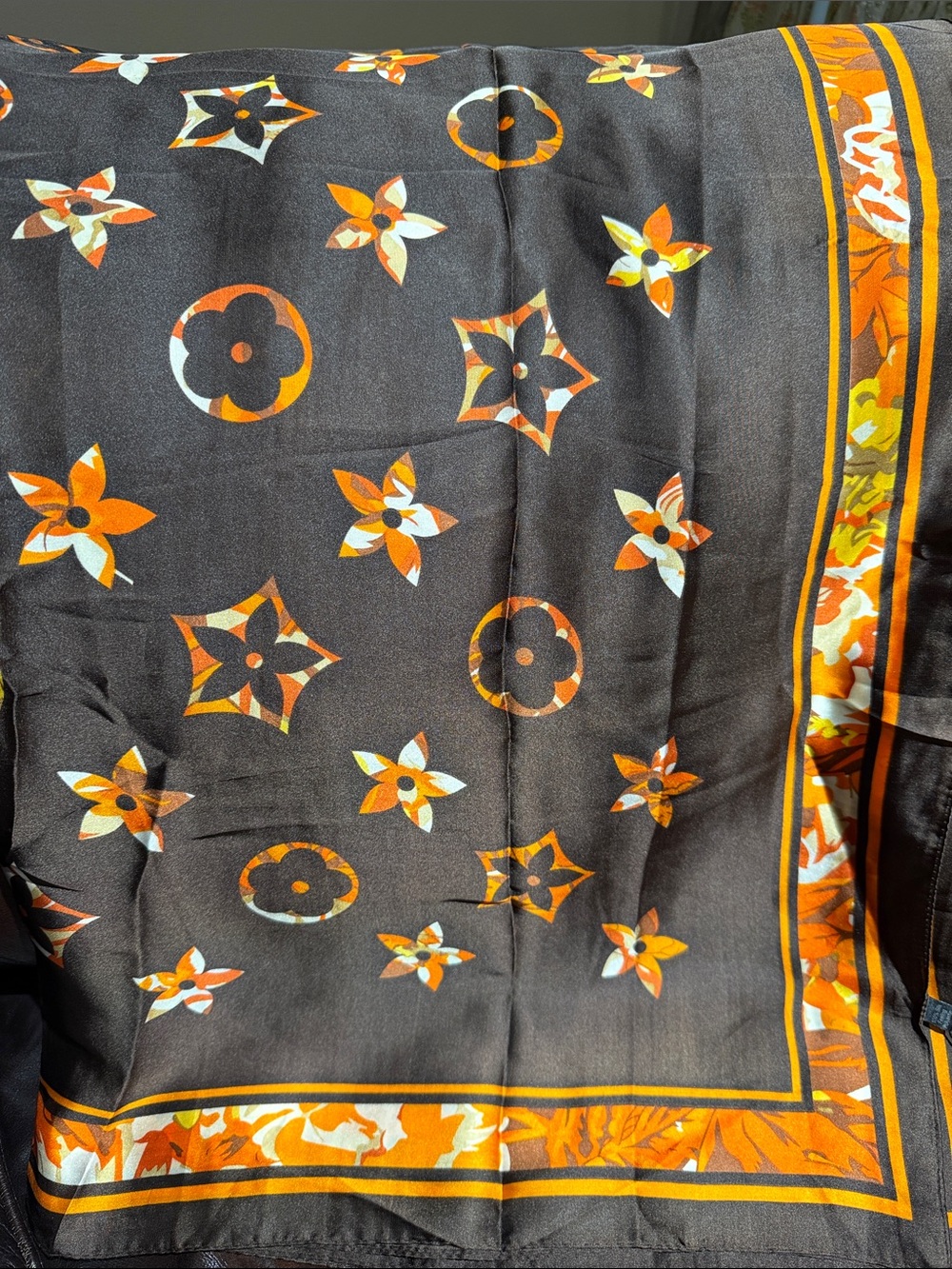 Women’s Brown Floral Print Scarf with Orange Accents